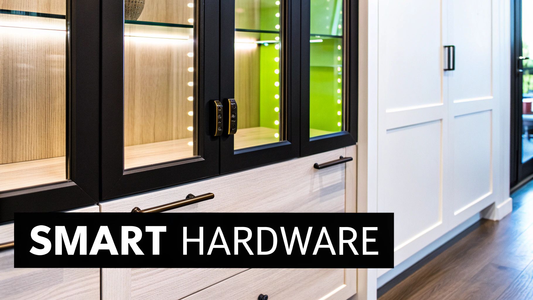A modern china cabinet with glass doors, smart digital locks, and illuminated shelving in a contemporary home.