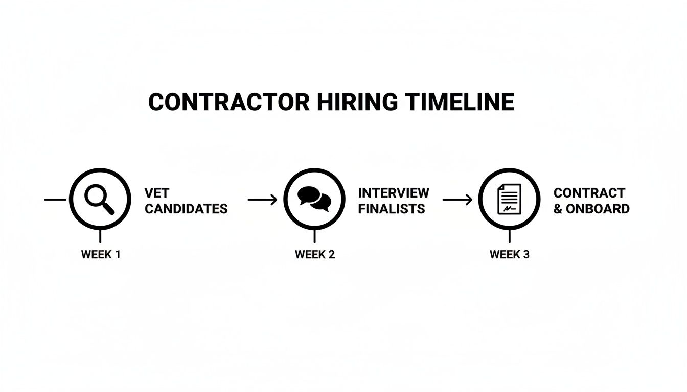 Contractor hiring timeline flowchart details three weekly steps: vet candidates, interview finalists, and contract onboarding.