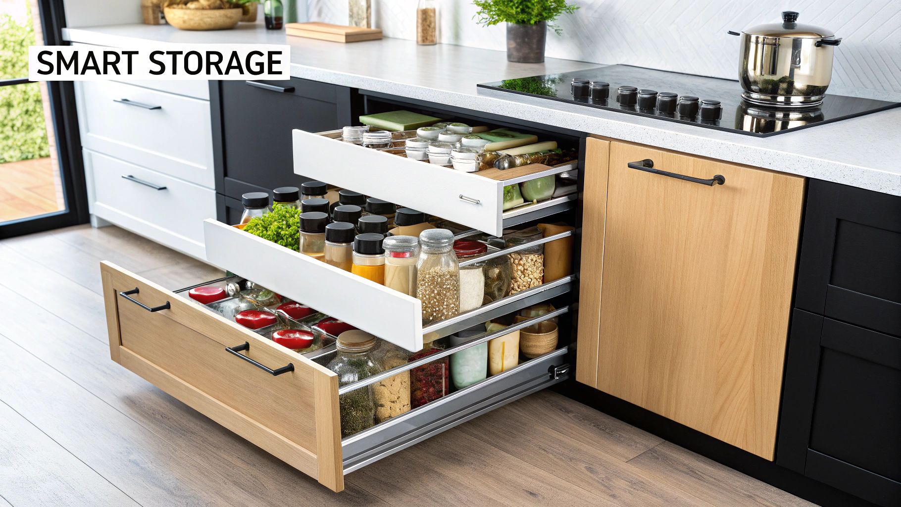 A modern kitchen with clean, grey semi-custom cabinets and gold hardware