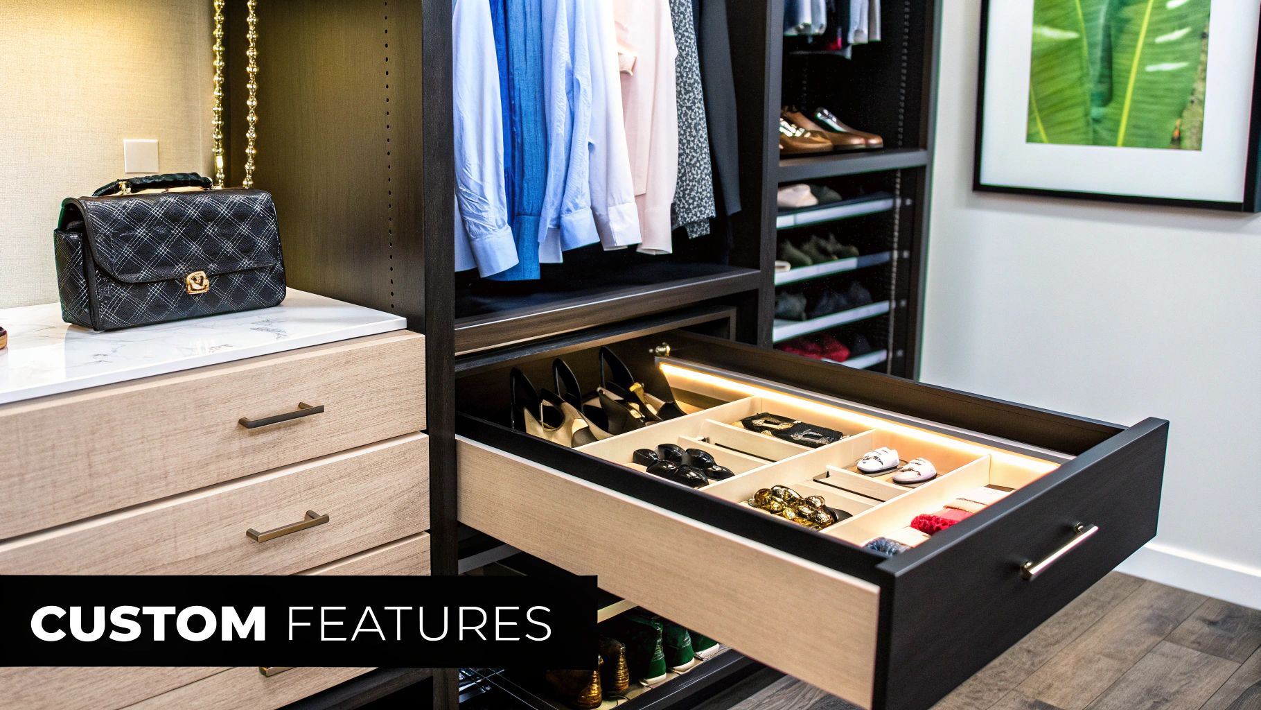 Custom luxury closet system with illuminated pull-out drawer displaying shoes, jewelry, and a handbag.