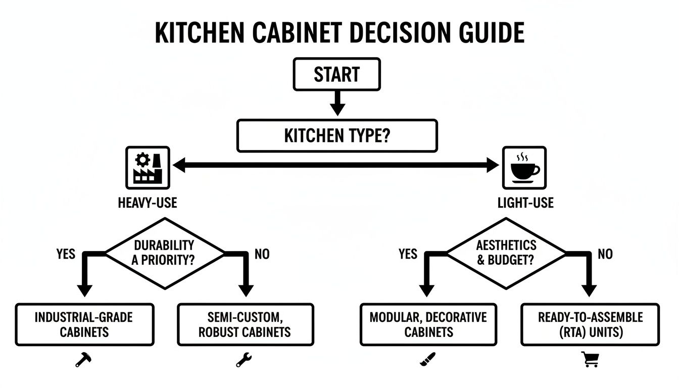 Flowchart for kitchen cabinet selection, guiding users based on kitchen type, durability, aesthetics, and budget.