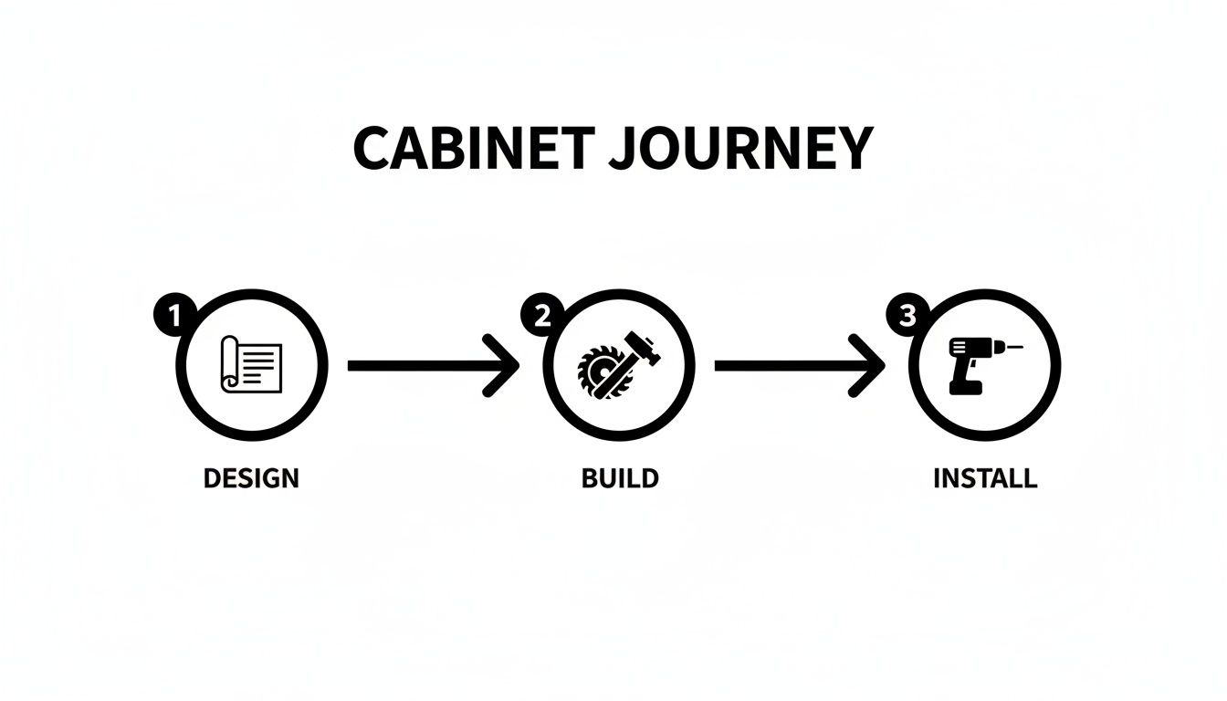 Infographic showing the 3-step cabinet journey: design, build, and install with corresponding icons.