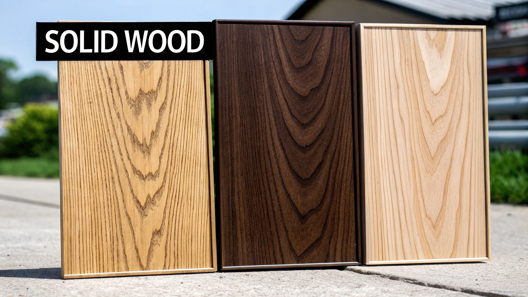 Three solid wood samples showcasing different finishes including natural, dark brown, and light wood.