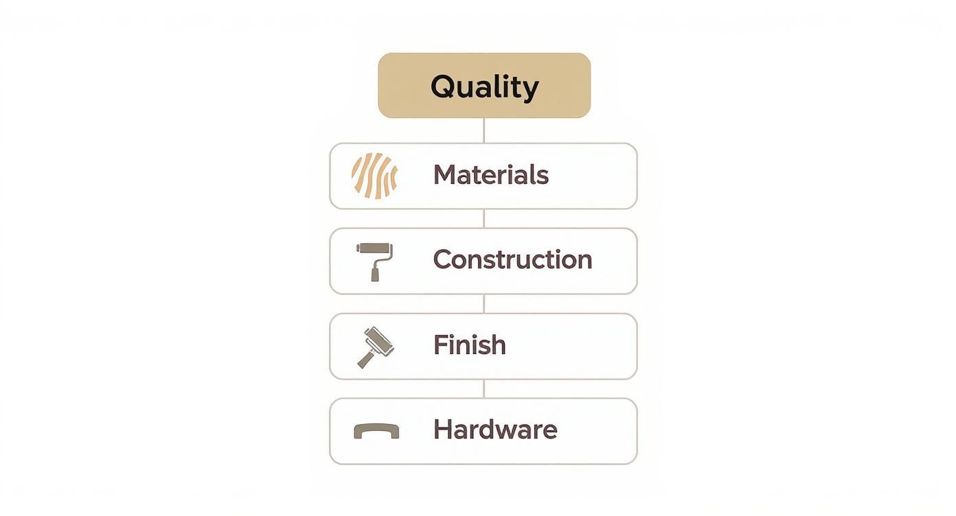 A diagram illustrating the components of quality: materials, construction, finish, and hardware.