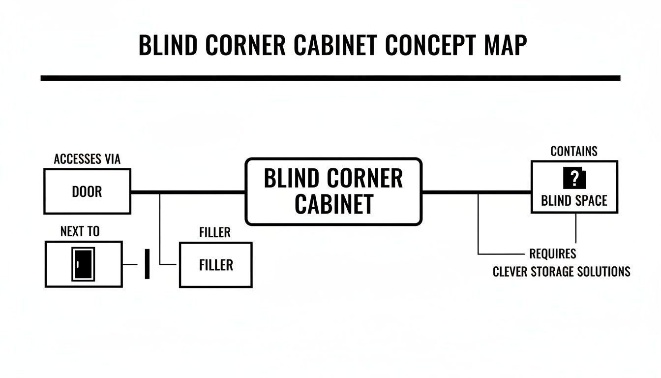 Concept map illustrating a blind corner cabinet, its access via a door, adjacent fillers, and storage solutions for its blind space.
