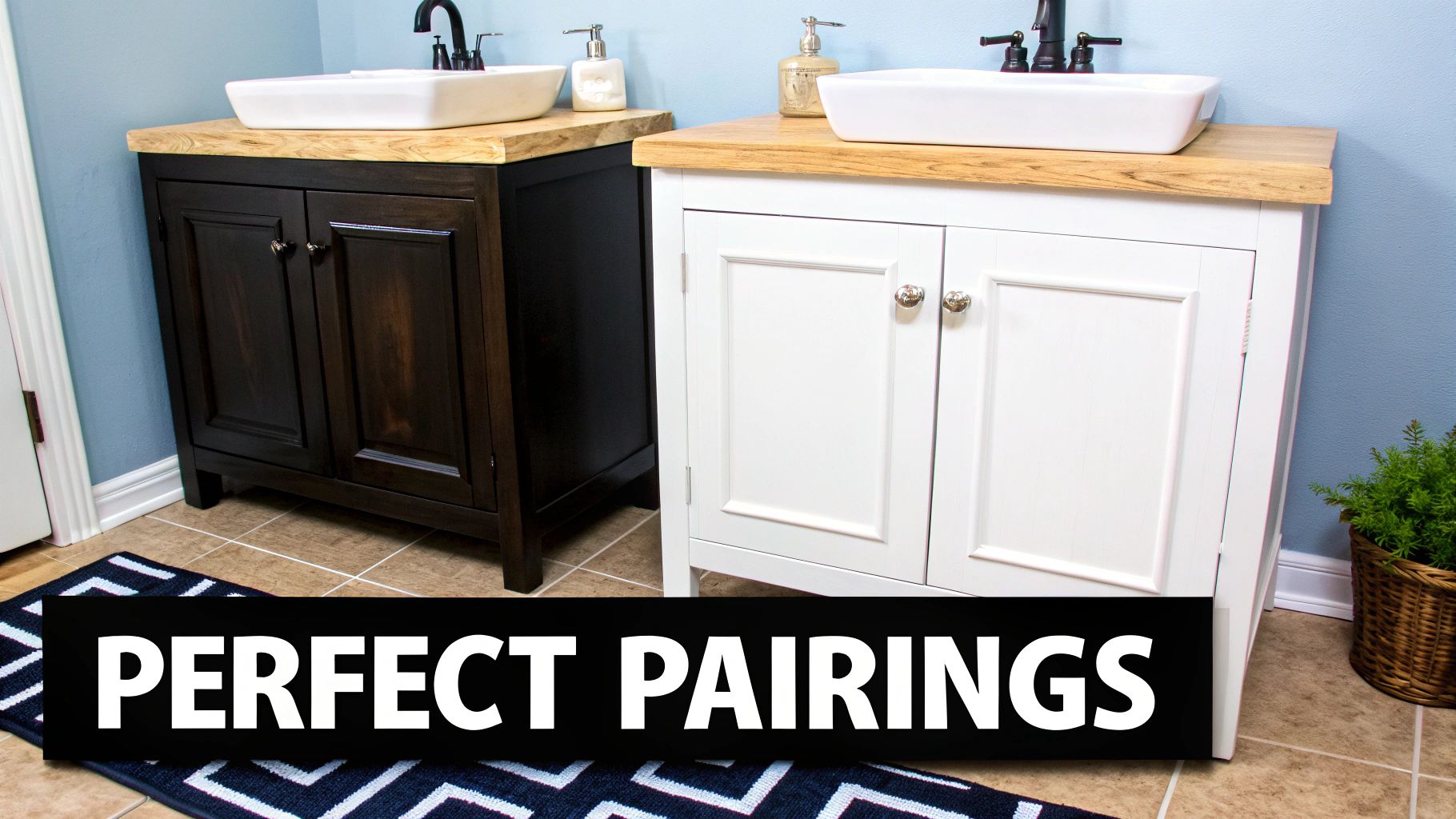 Two stylish bathroom vanities, one dark wood and one white, both with light wood countertops and vessel sinks.