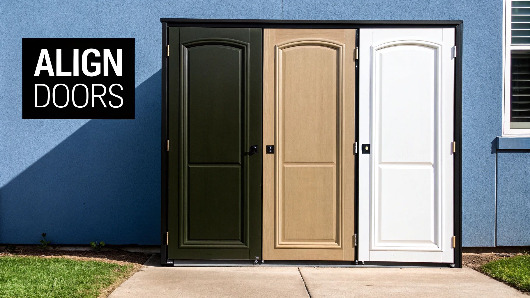 A person comparing a new, modern cabinet door with an old, worn one, deciding whether to repair or replace.