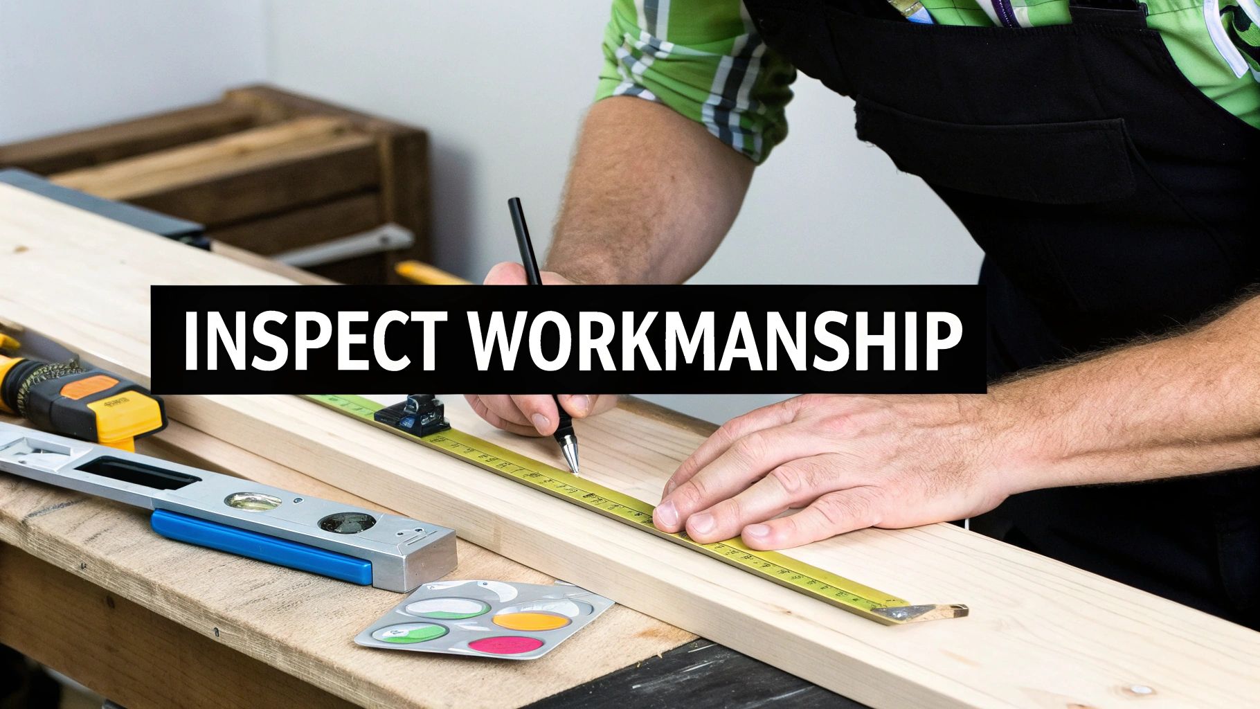 A craftsman's hands measure and mark a wooden plank with a pencil and tape measure, highlighting precise woodworking.