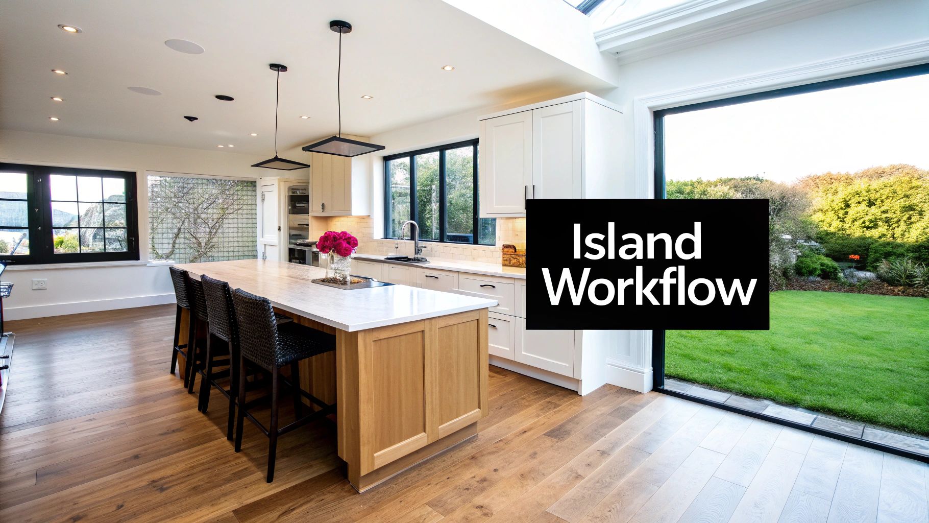 A modern kitchen features a large island with bar stools, white cabinetry, wood floors, and a view of a green yard.