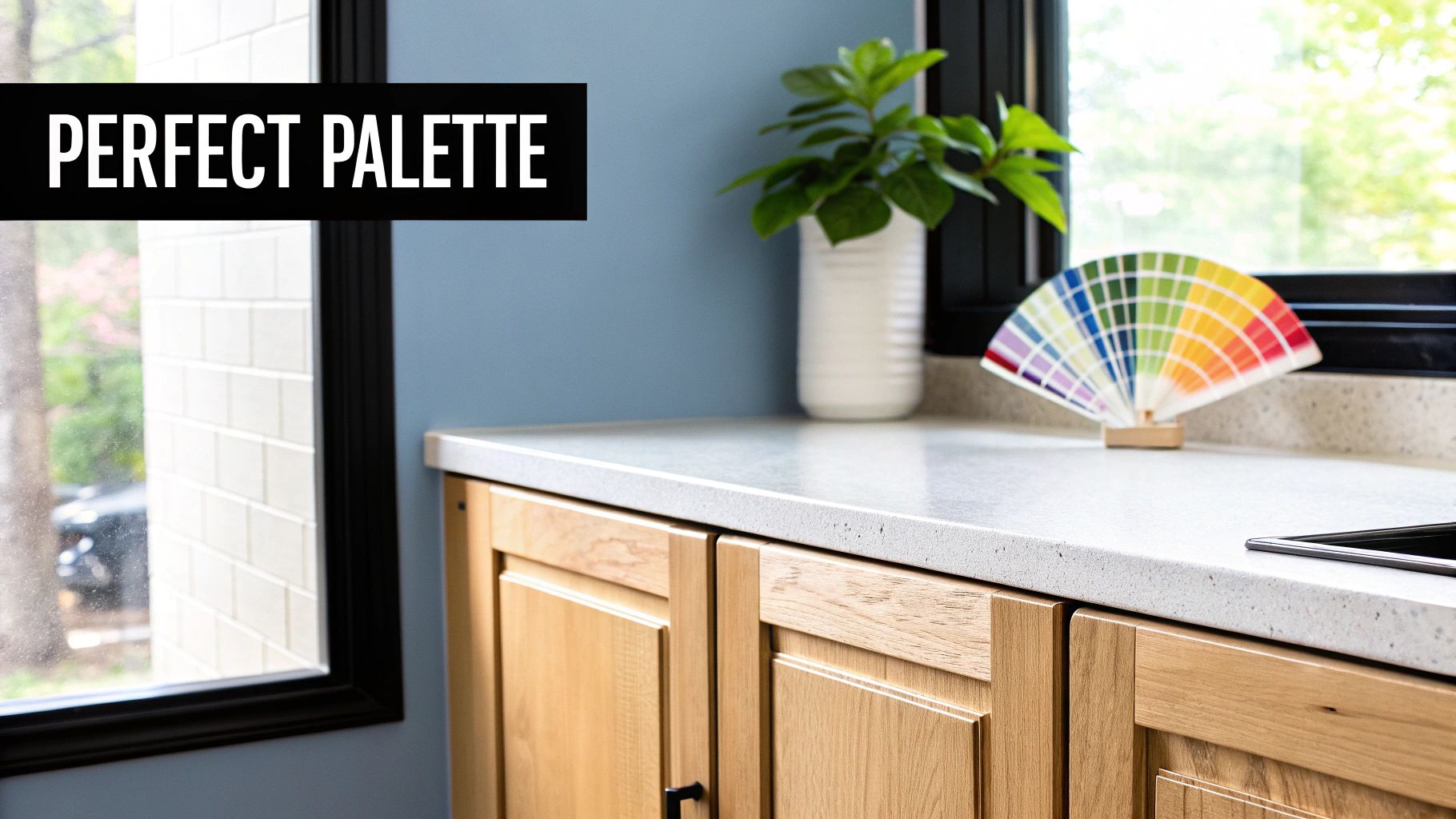 A modern kitchen showcasing light wood cabinets, a blue wall, and a color palette fan for design.