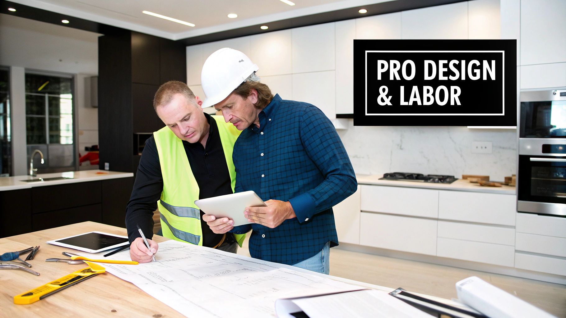 Construction professionals discuss high-end kitchen remodel plans, reviewing blueprints and a tablet.