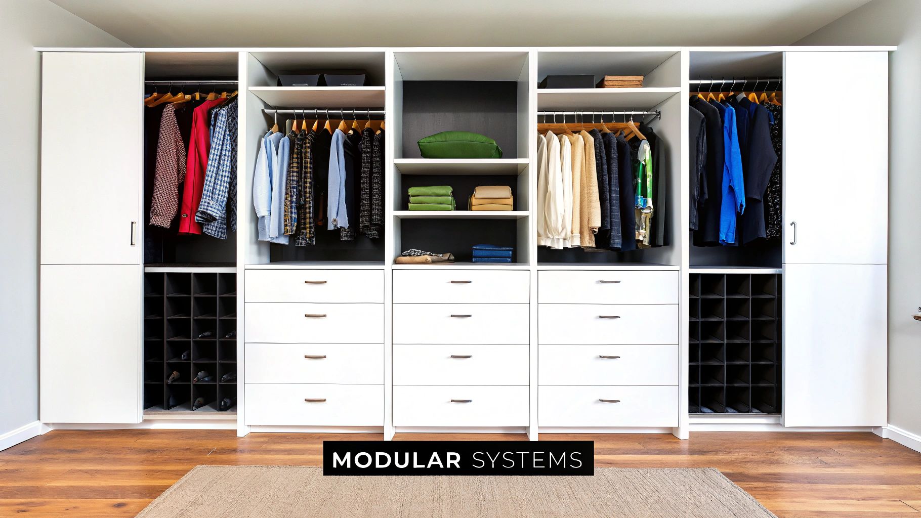A modern walk-in closet with clean lines and various storage solutions.
