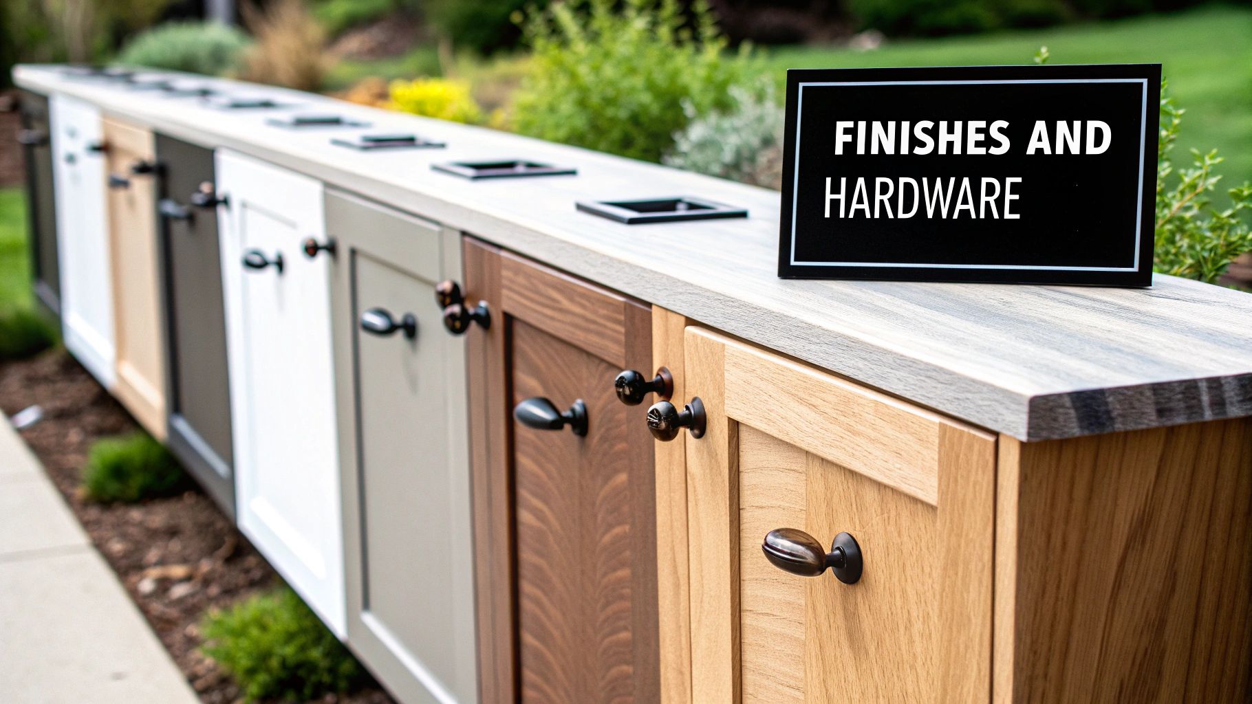 A close-up of a kitchen island with dark blue custom cabinetry, a white countertop, and elegant gold hardware.