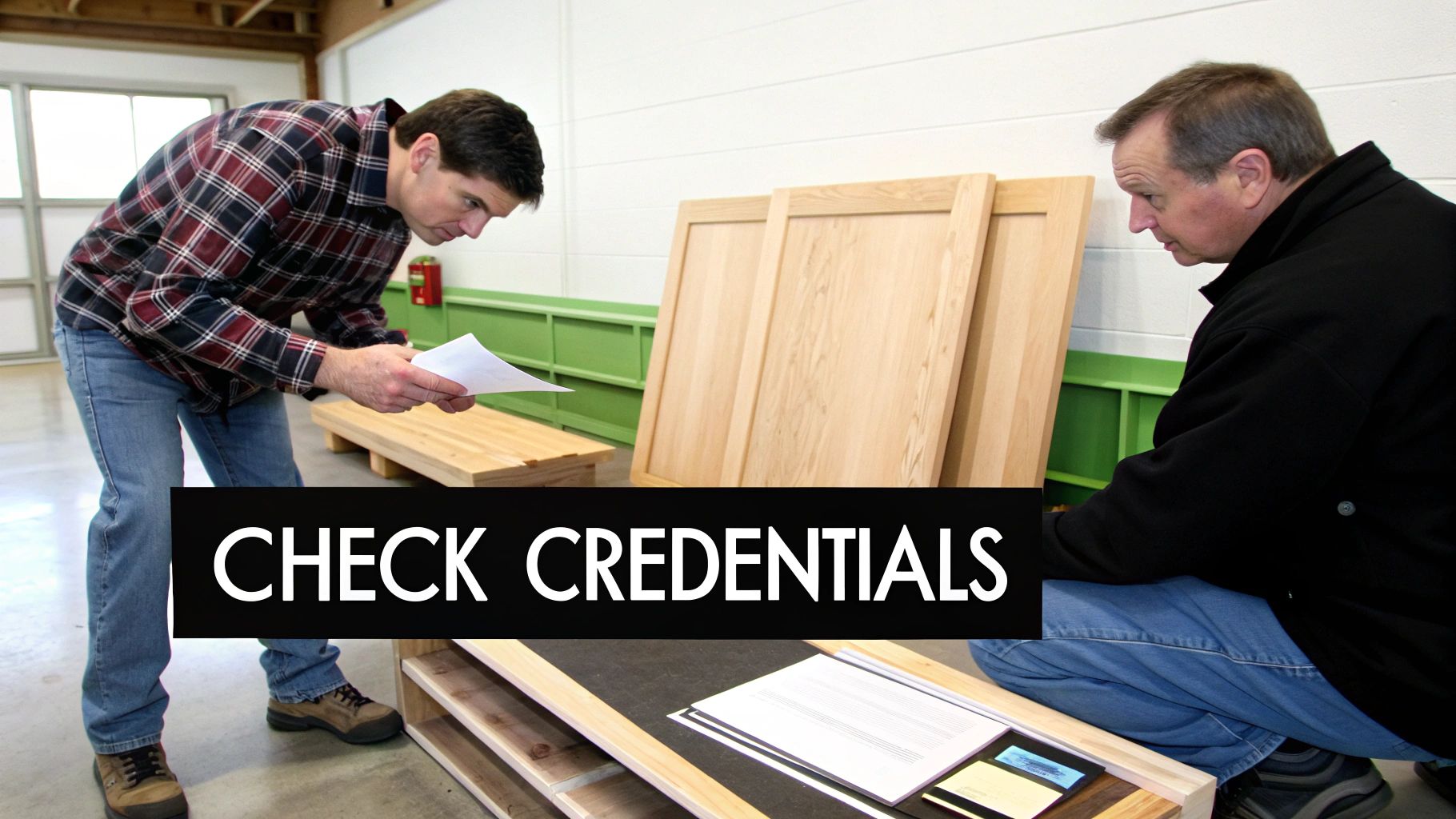 Two men examine documents and wooden cabinet panels in a workshop, possibly checking credentials.