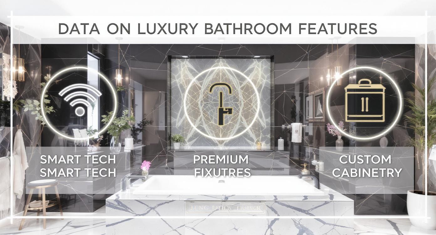 Luxury bathroom features showcase smart technology, premium fixtures, and custom cabinetry with modern design