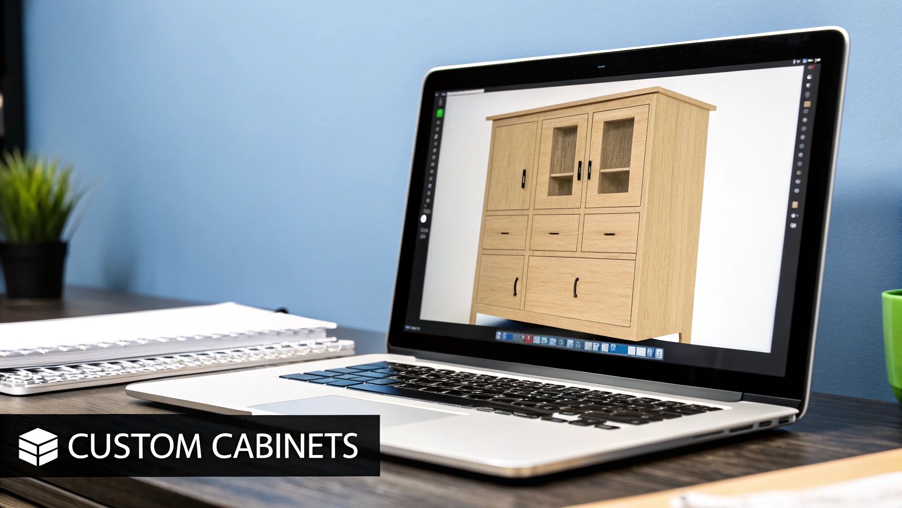 A kitchen designer working on custom cabinet plans on a computer.