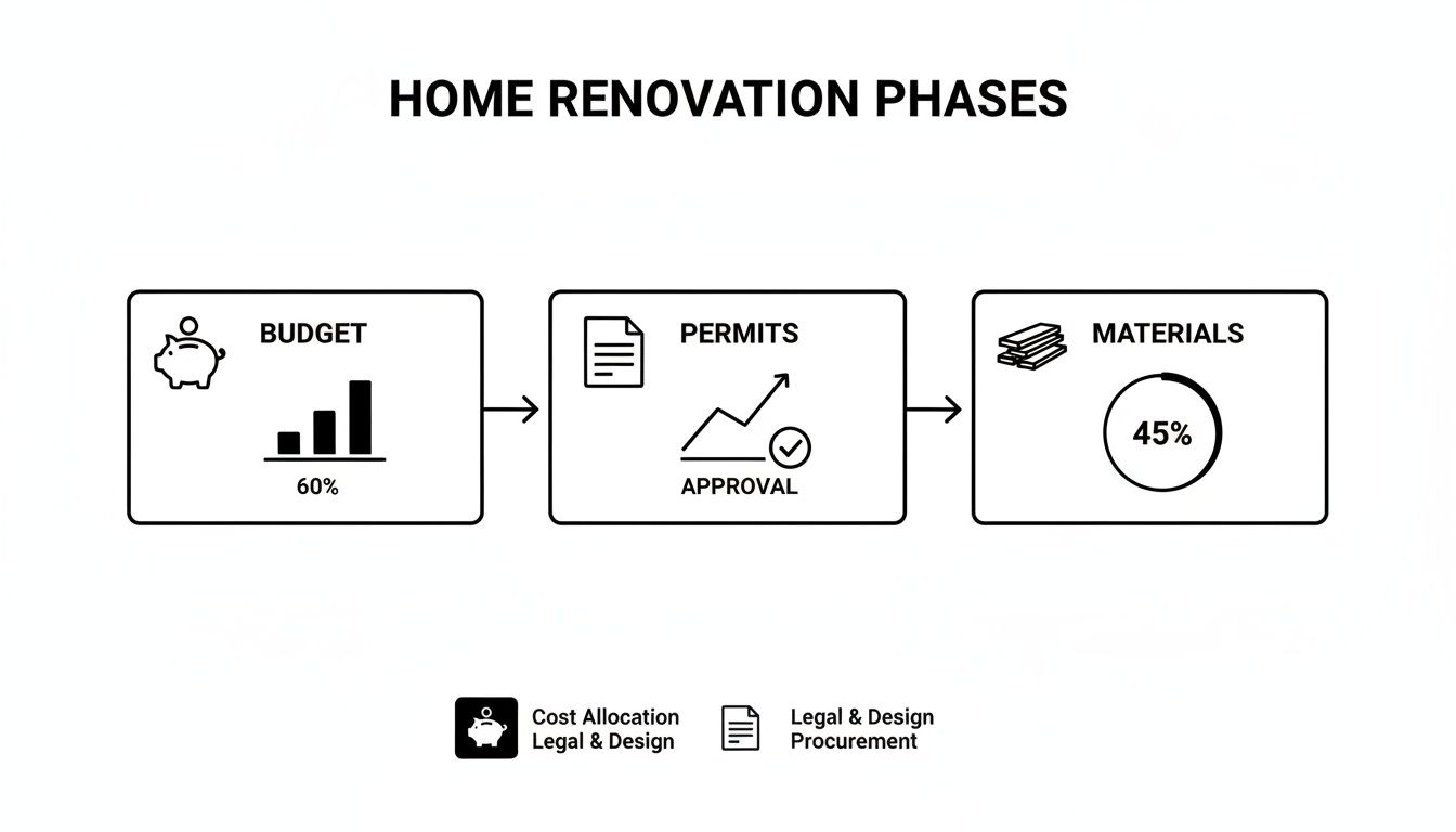 Infographic outlining three home renovation phases: budget (60%), permits approval, and materials (45%).