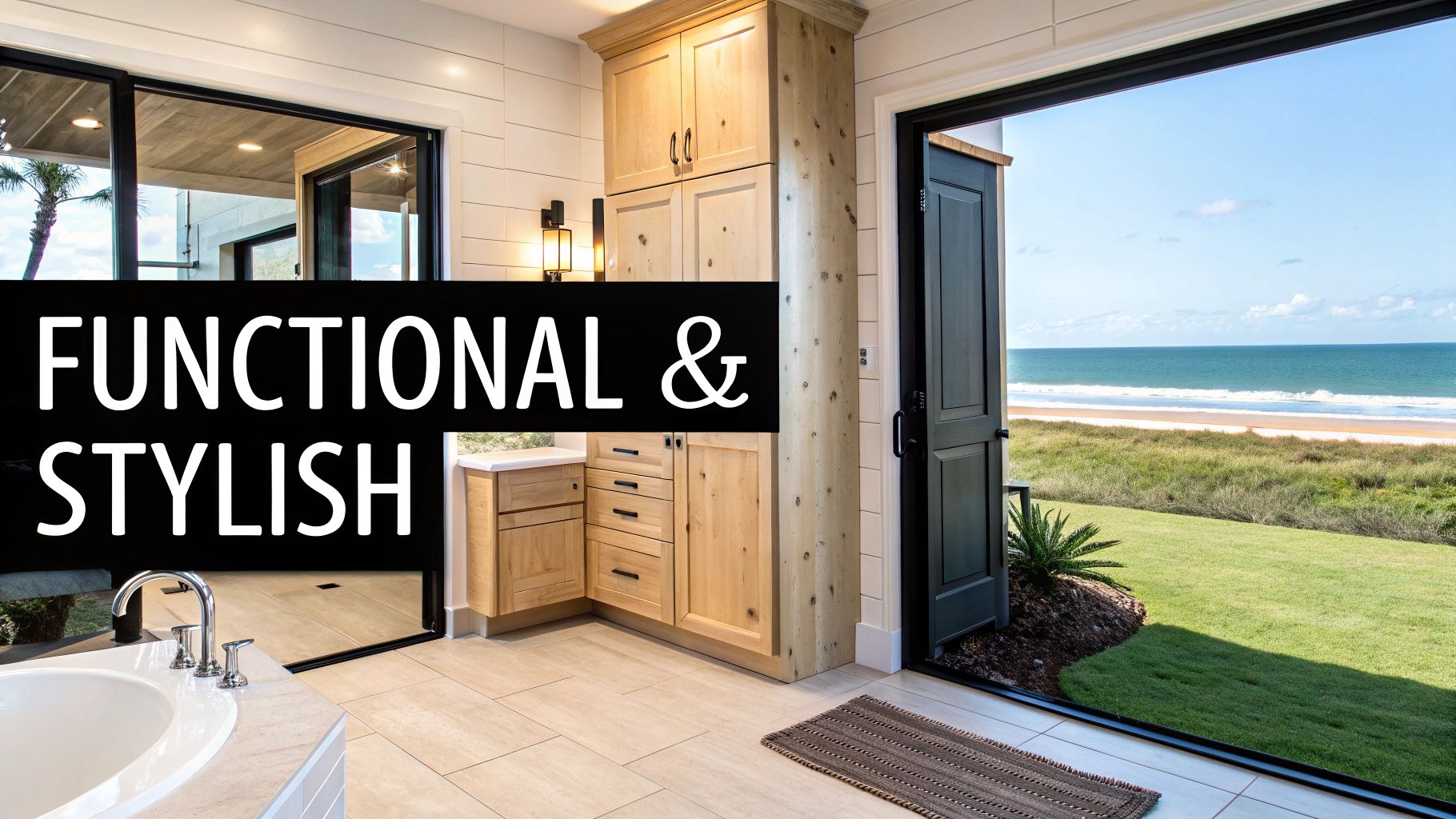 A luxurious bathroom with light wood cabinetry, a built-in tub, and stunning ocean views.