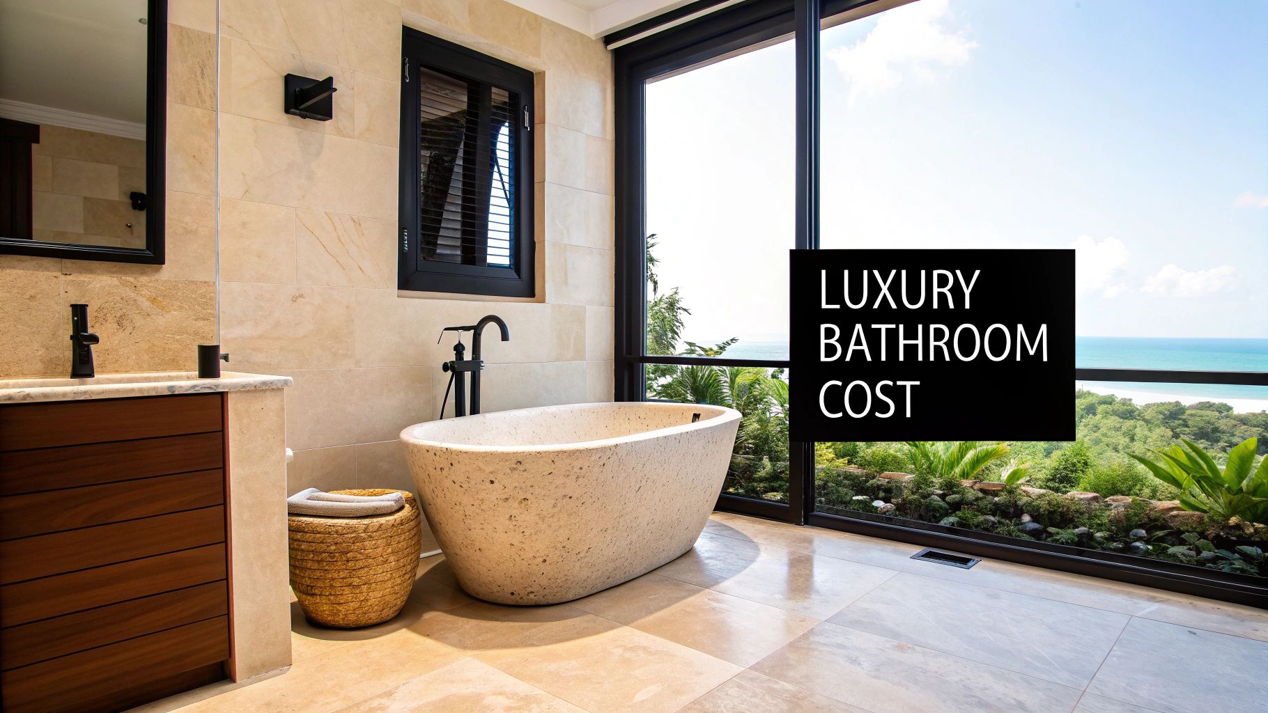 Luxury bathroom featuring stone bathtub, ocean view windows, beige tile walls, and black fixtures