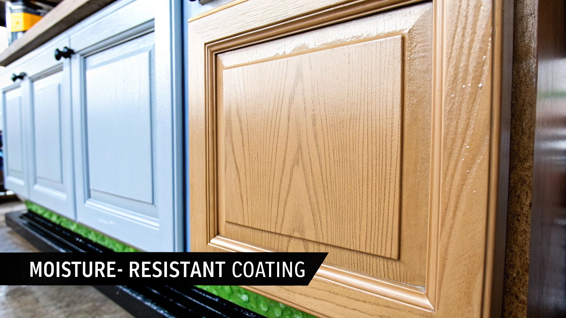 A hand applying polyurethane finish to a wooden cabinet door.