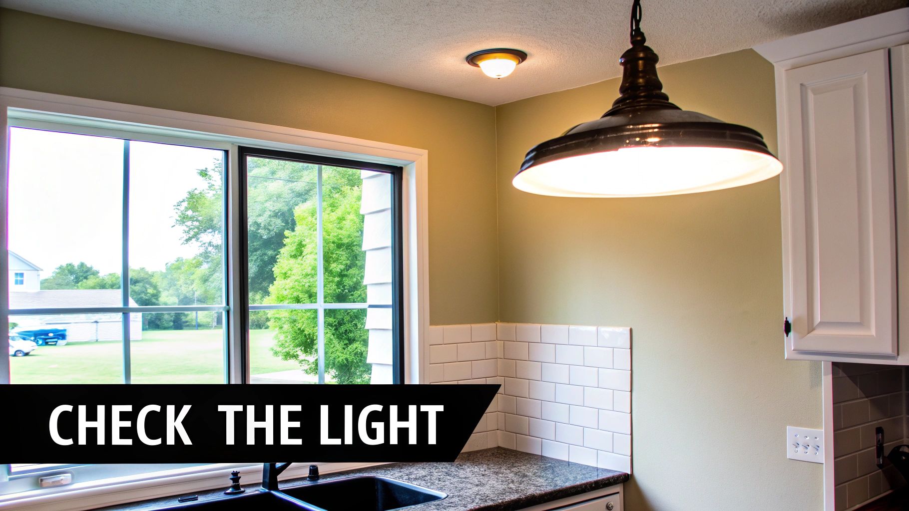 Modern kitchen with light green walls, a large window, white subway tile, and two ceiling lights.