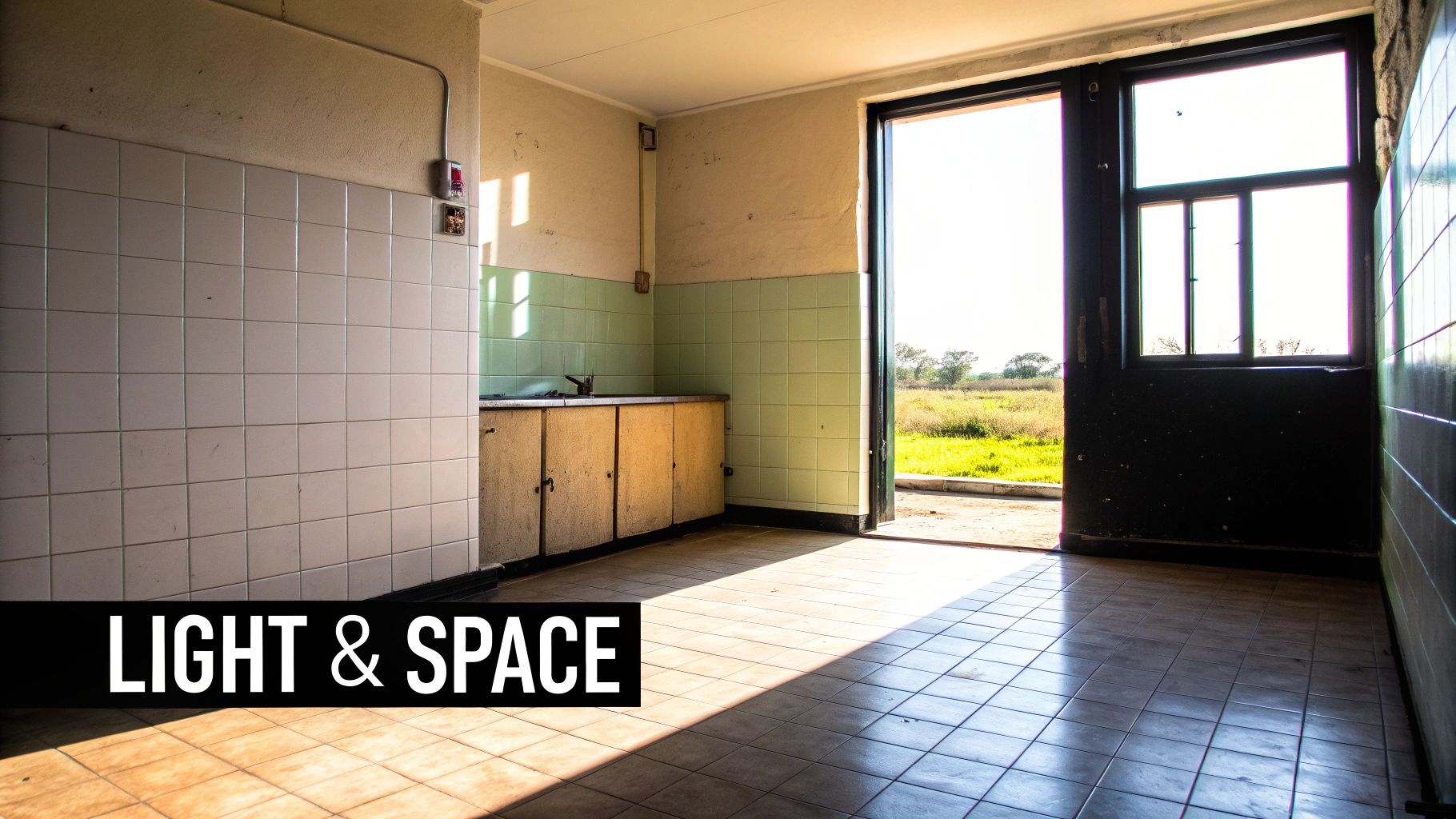 Sunlit view of an abandoned room with tiled walls, wooden cabinets, and an open door to nature.