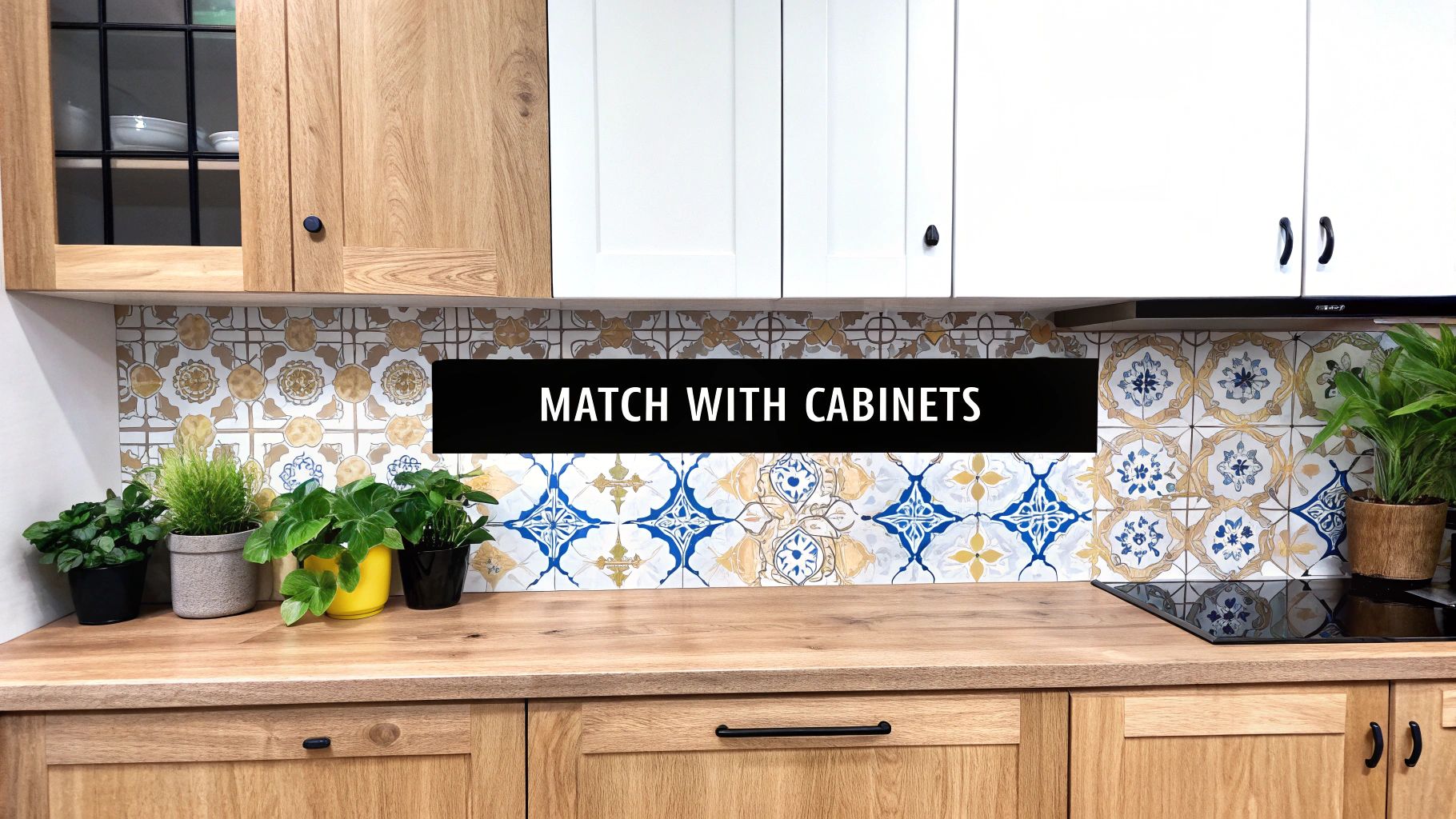 A stylish kitchen with wooden base cabinets, white upper cabinets, and a vibrant patterned tile backsplash.