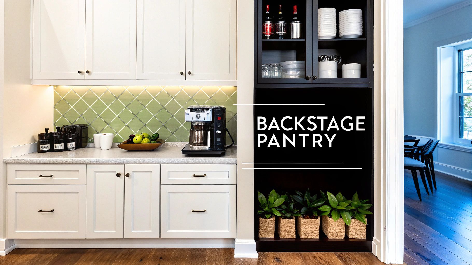 A modern, well-organized butler pantry with dark custom cabinetry, white countertops, and a sink.