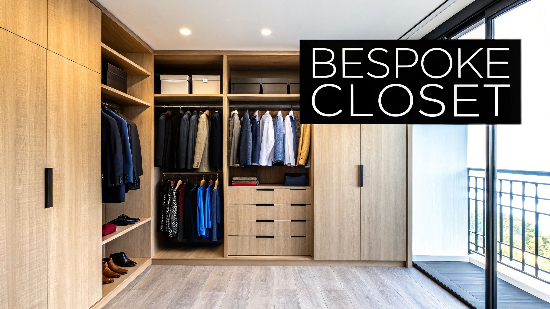 A modern bespoke walk-in closet with light wood cabinetry, organized clothes, shoes, and storage boxes.