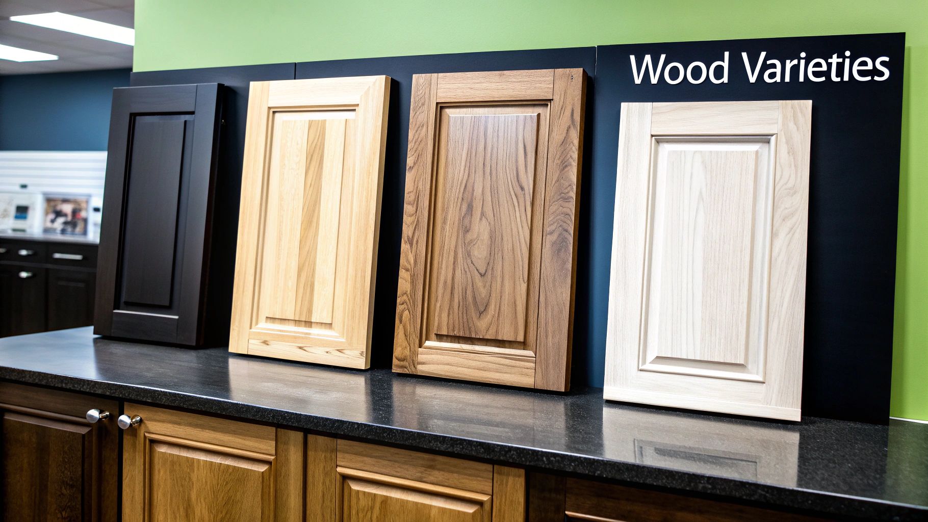 A modern kitchen with light-colored wooden cabinets and a marble countertop.