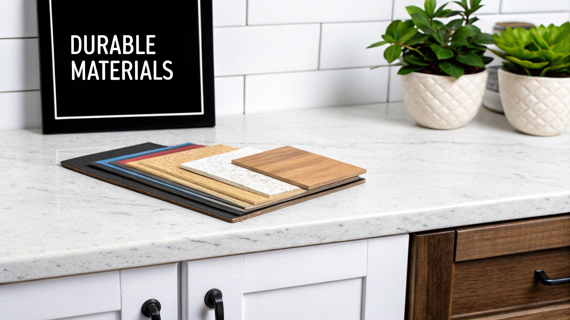 Various durable material samples, including wood, stone, and fabric, displayed on a kitchen countertop.