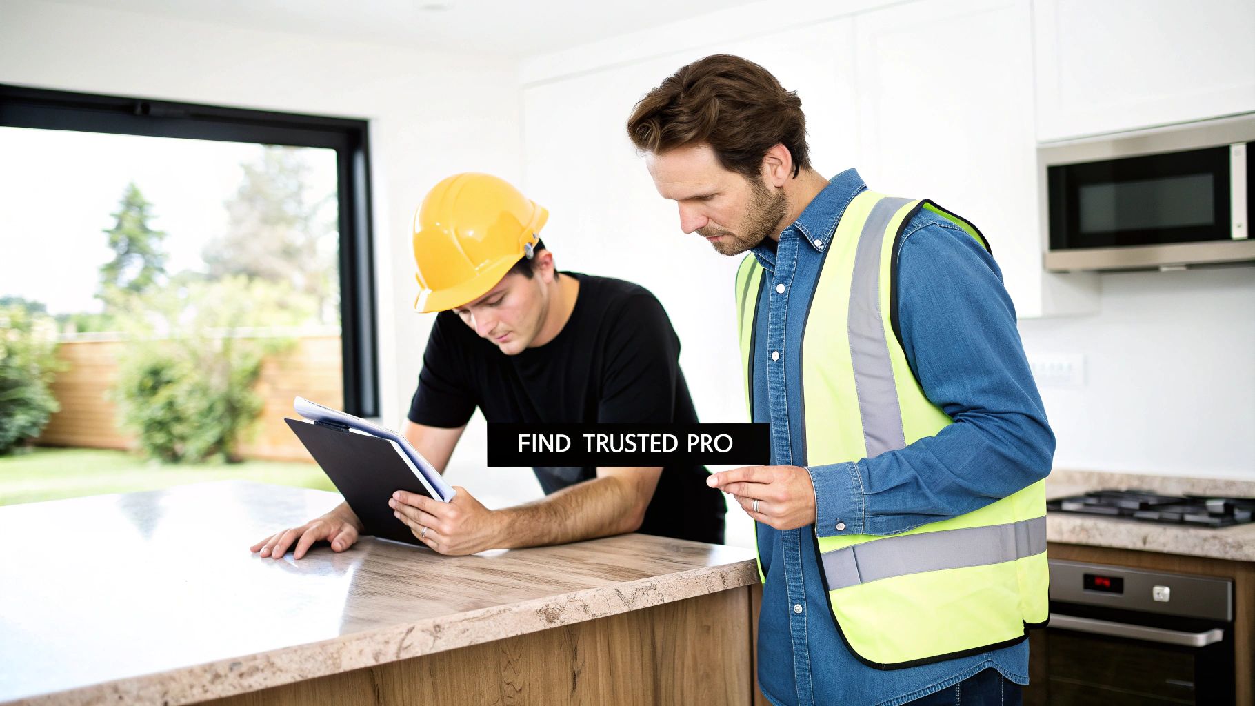 Two contractors reviewing plans in a modern kitchen, one wearing a hard hat and the other a safety vest.