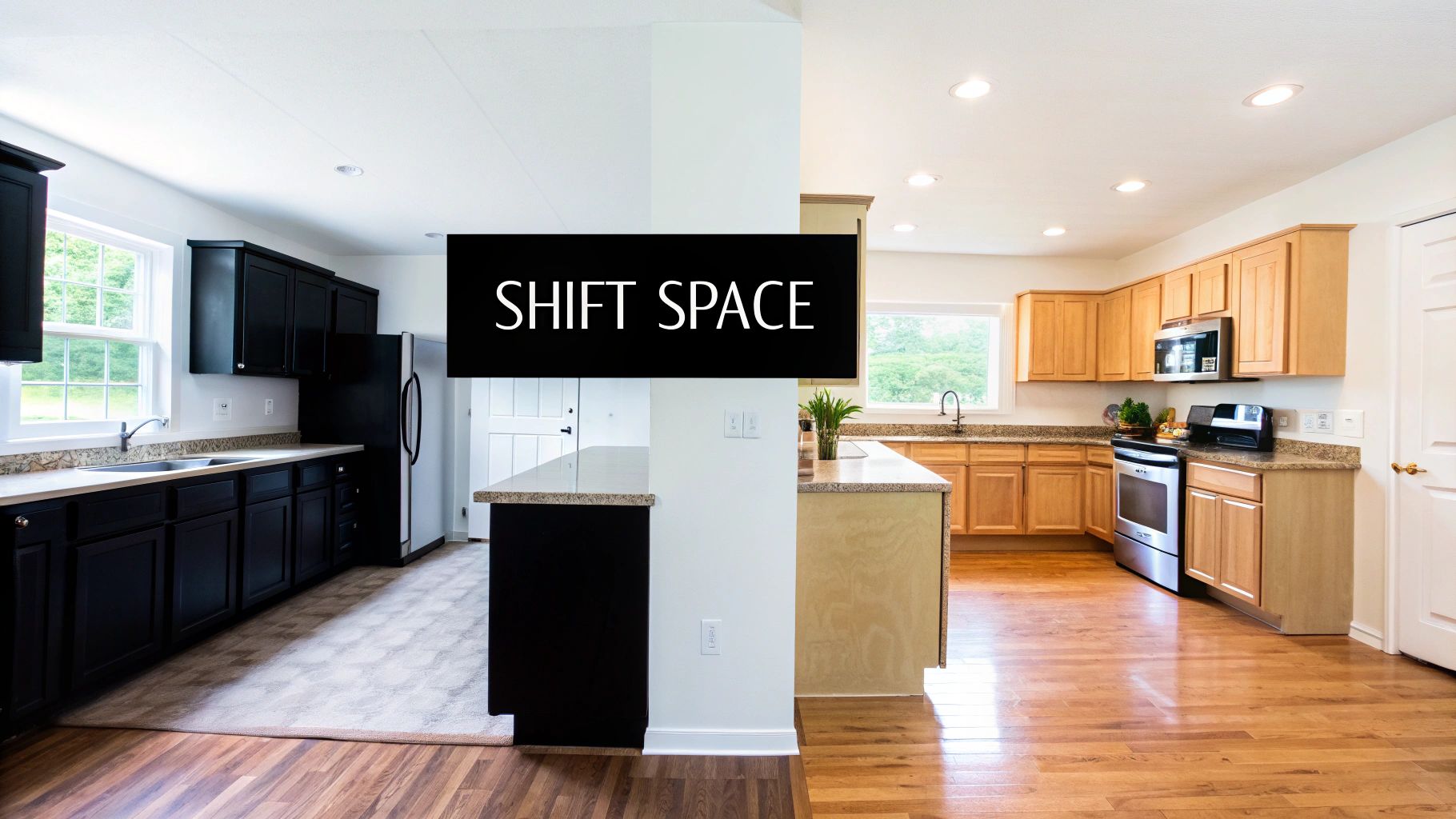 A kitchen design comparison showing black cabinets and a rug versus natural wood cabinets and hardwood floors.