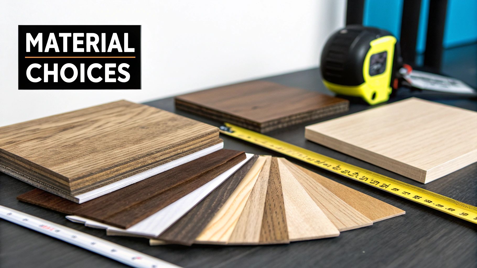 Various wood and laminate material samples for design choices, with a tape measure.