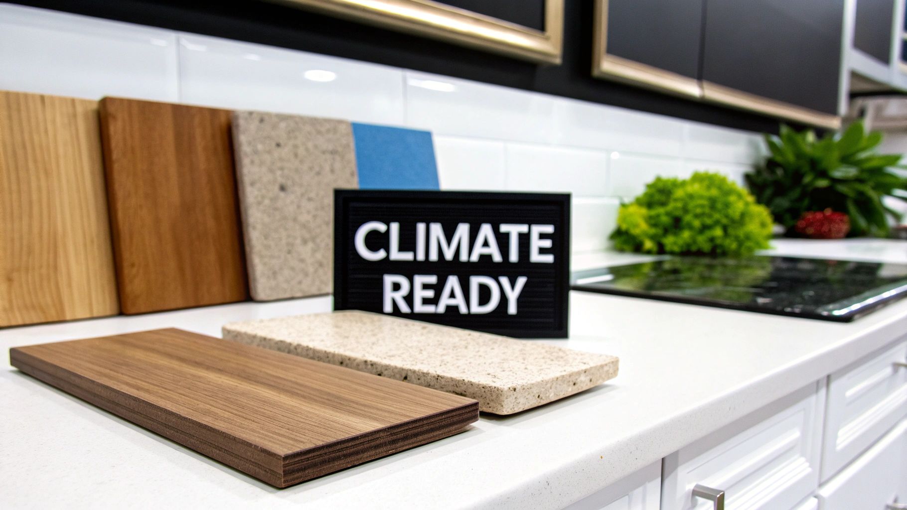 Various wood and stone material samples displayed on a white kitchen countertop with a 'CLIMATE READY' sign.