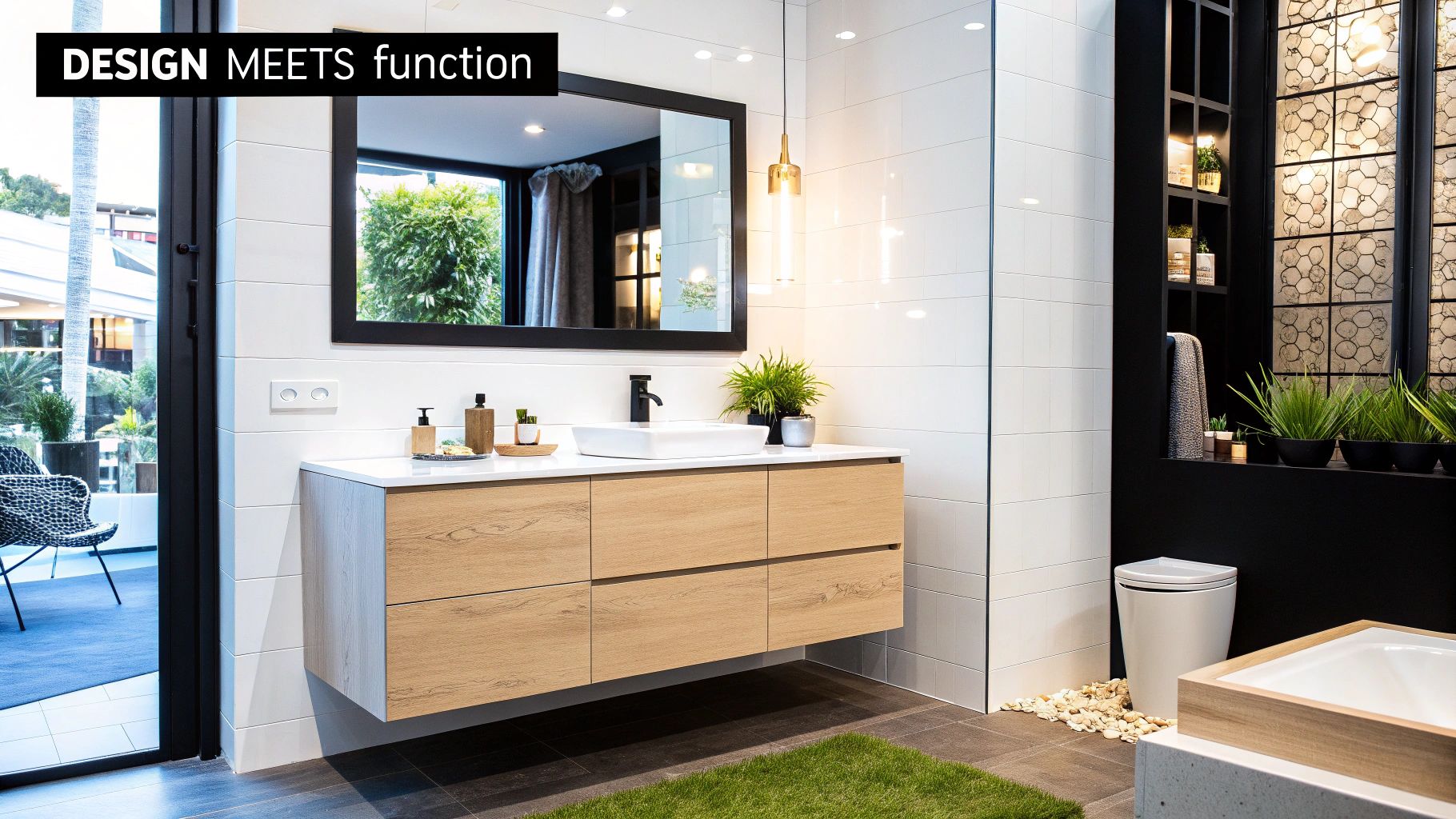 A modern floating bathroom vanity with warm wood tones and a clean white countertop.