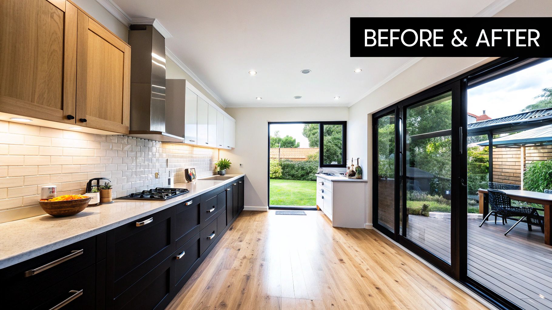 A beautifully remodeled galley kitchen with green cabinets, white countertops, and brass hardware, showcasing a stunning 'after' transformation.