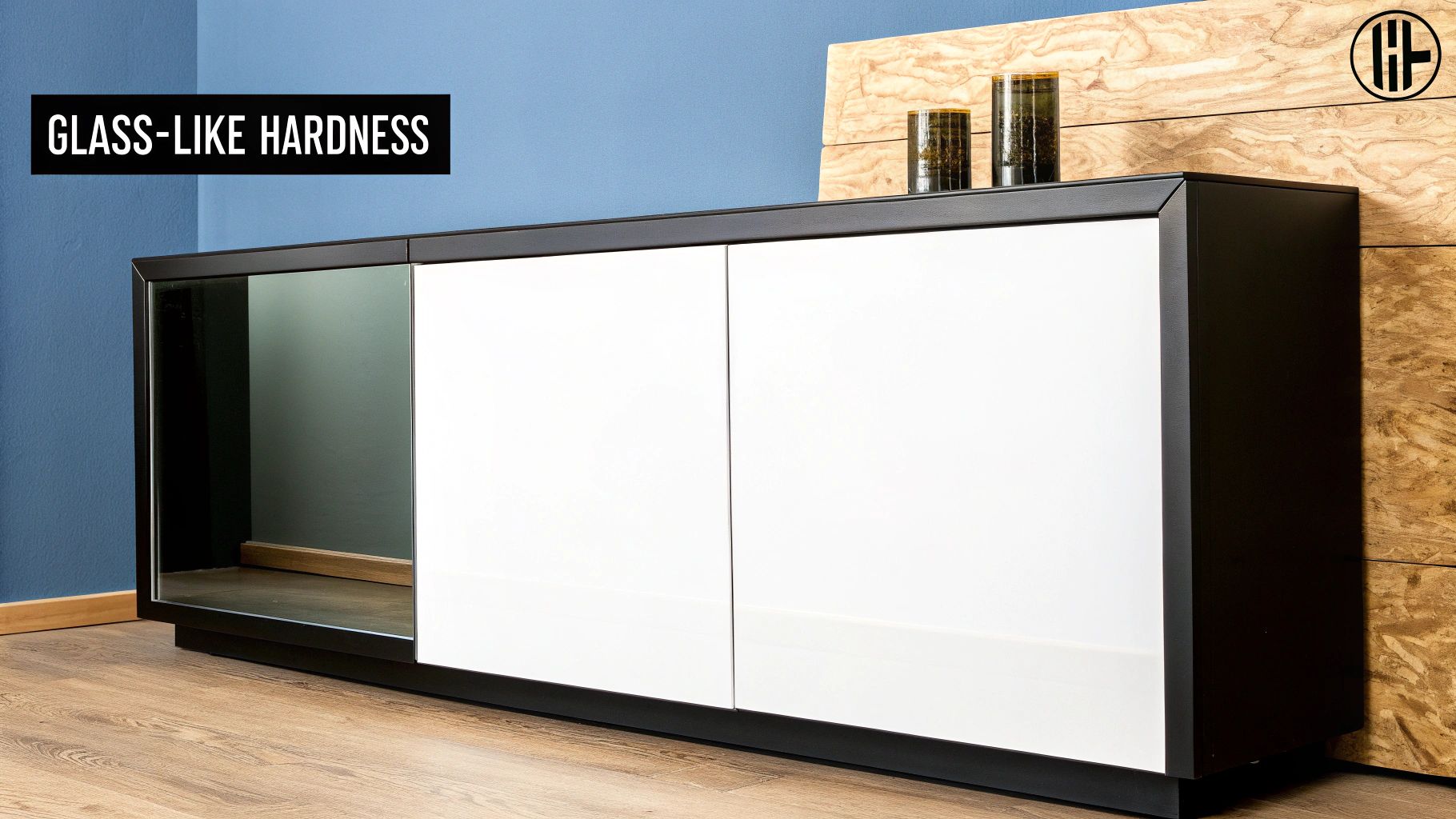 A modern kitchen with cabinets featuring a glossy, smooth epoxy resin coating, reflecting the overhead lights.