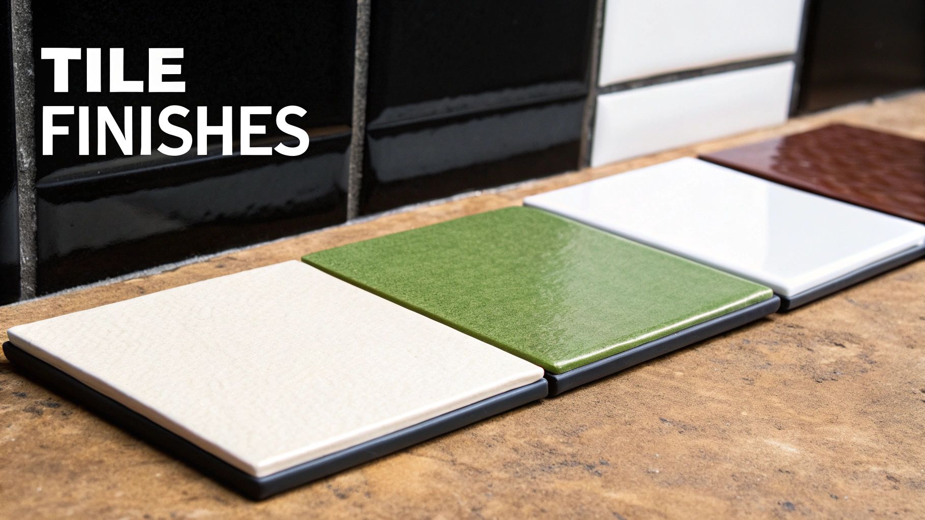 Close-up of tile samples in various colors and finishes, including beige, green, white, and brown.