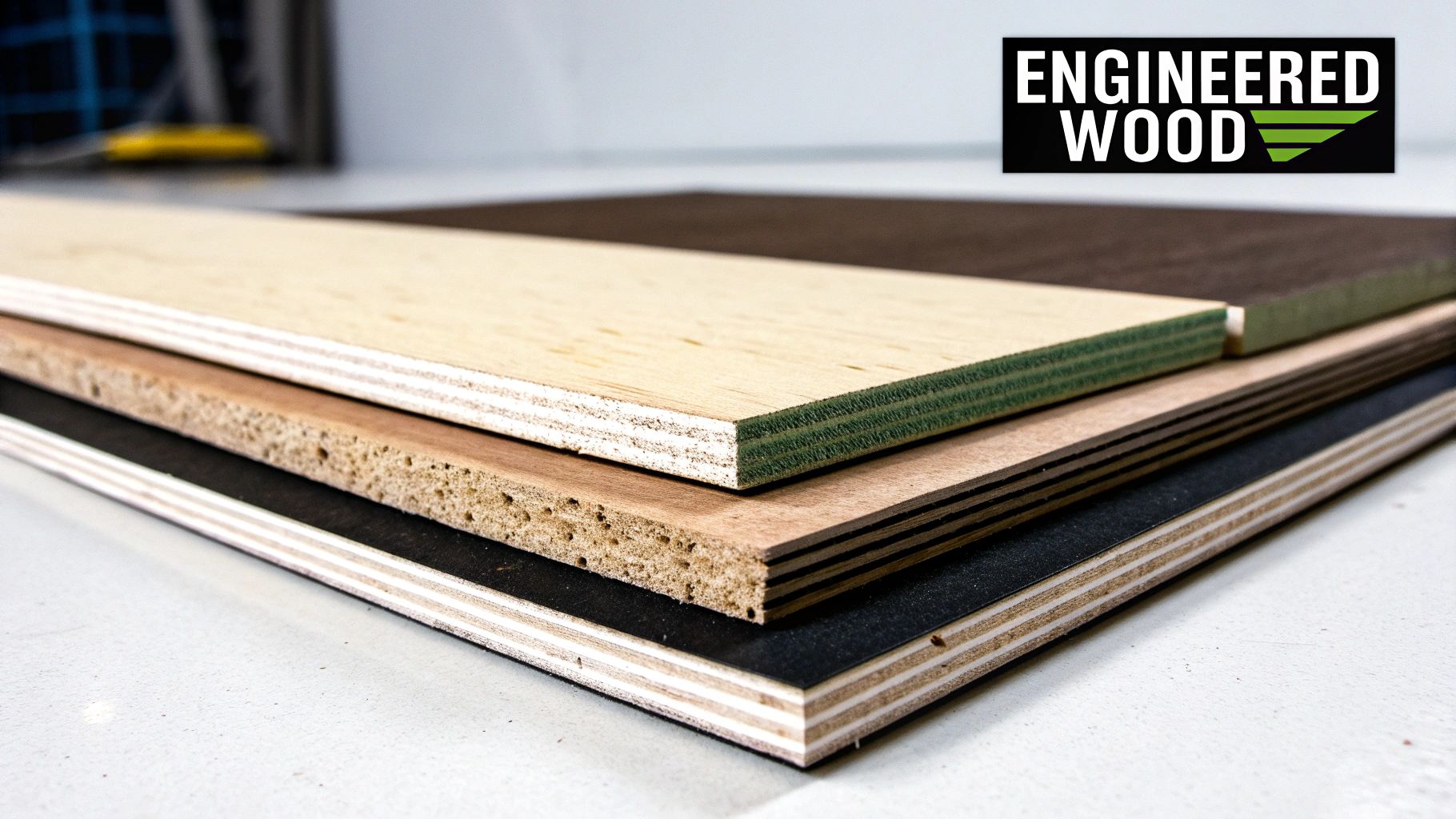 Stacked samples of various engineered wood panels, showing different core structures and finishes.