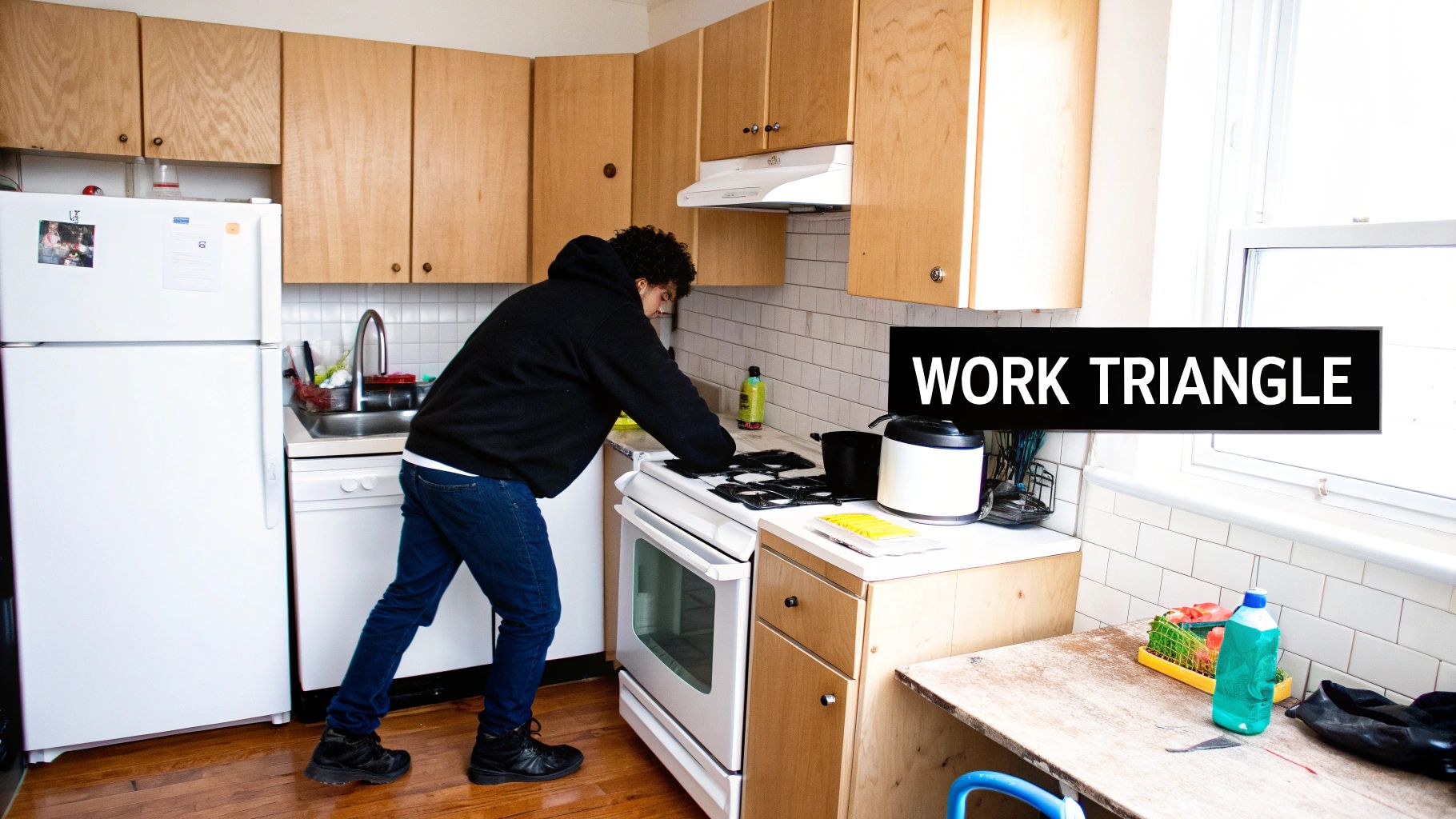 A person in a black hoodie cleans a white stovetop in a modern kitchen with light wood cabinets.