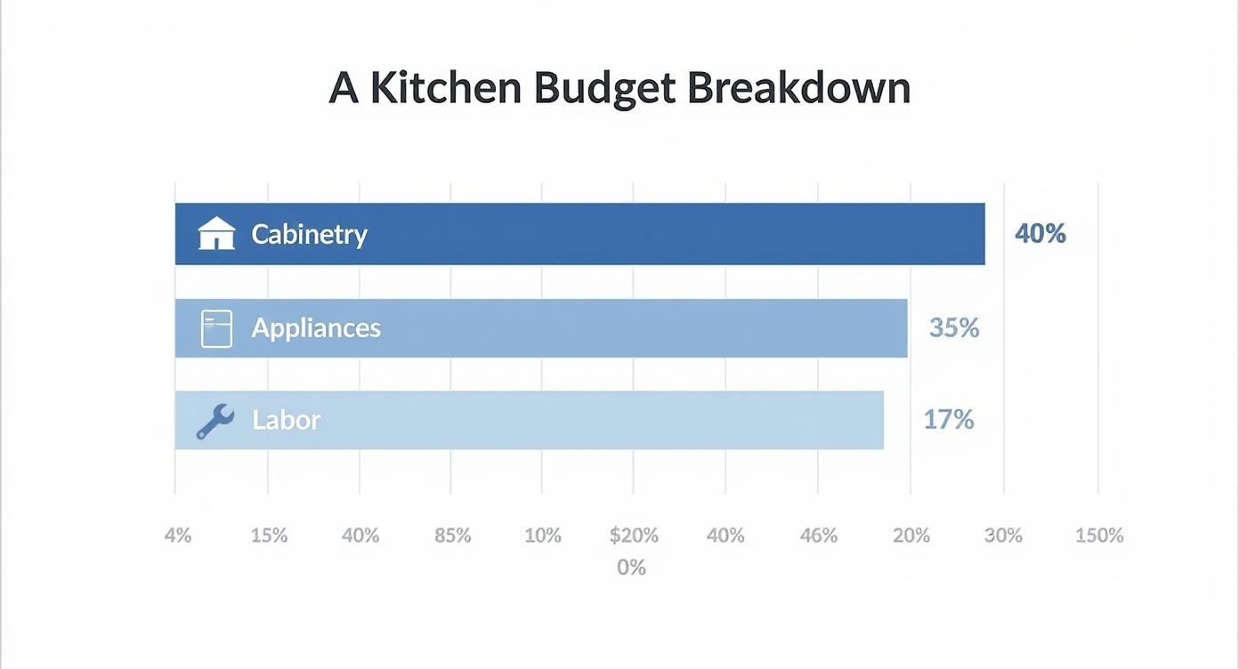 Infographic showing the budget breakdown for a kitchen renovation, with cabinetry, appliances, and labor as the largest expenses.