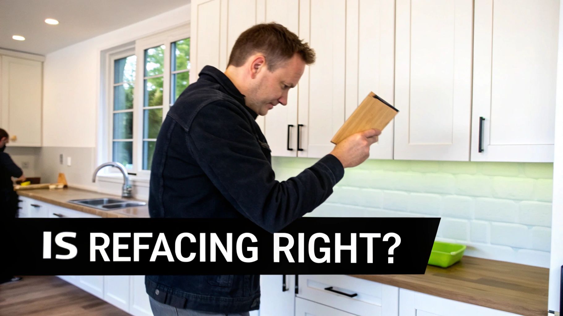 A man inspects a wood sample in a modern kitchen with white refaced cabinets and wooden countertops.
