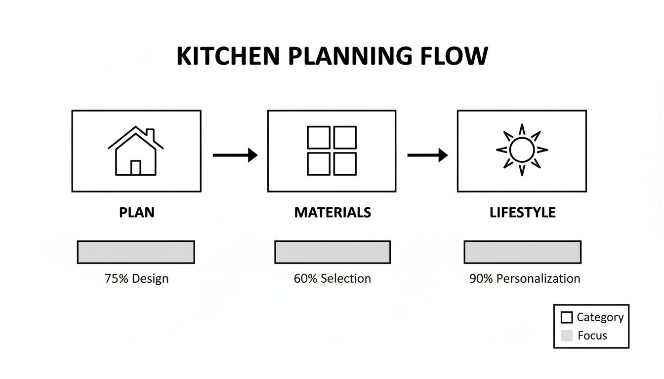 Diagram illustrating a three-stage kitchen planning flow: Plan, Materials, and Lifestyle, with percentage focuses.