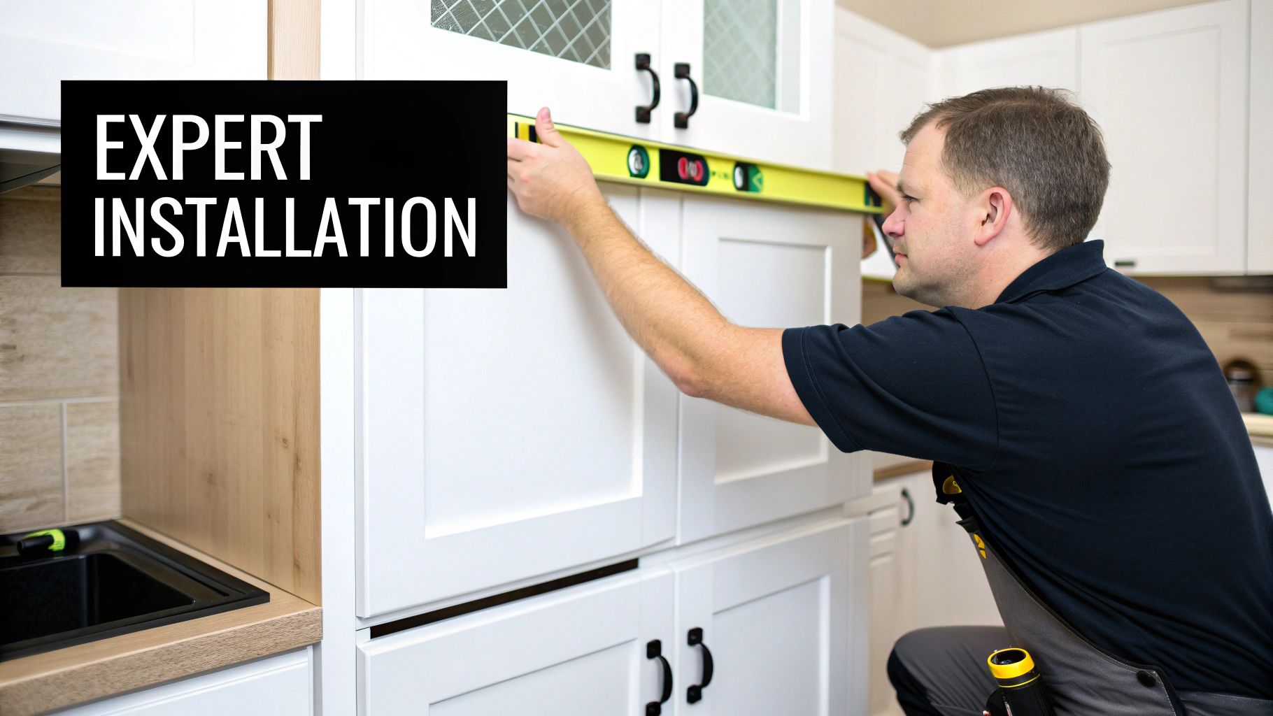 A man using a spirit level to precisely install modern white kitchen cabinets.