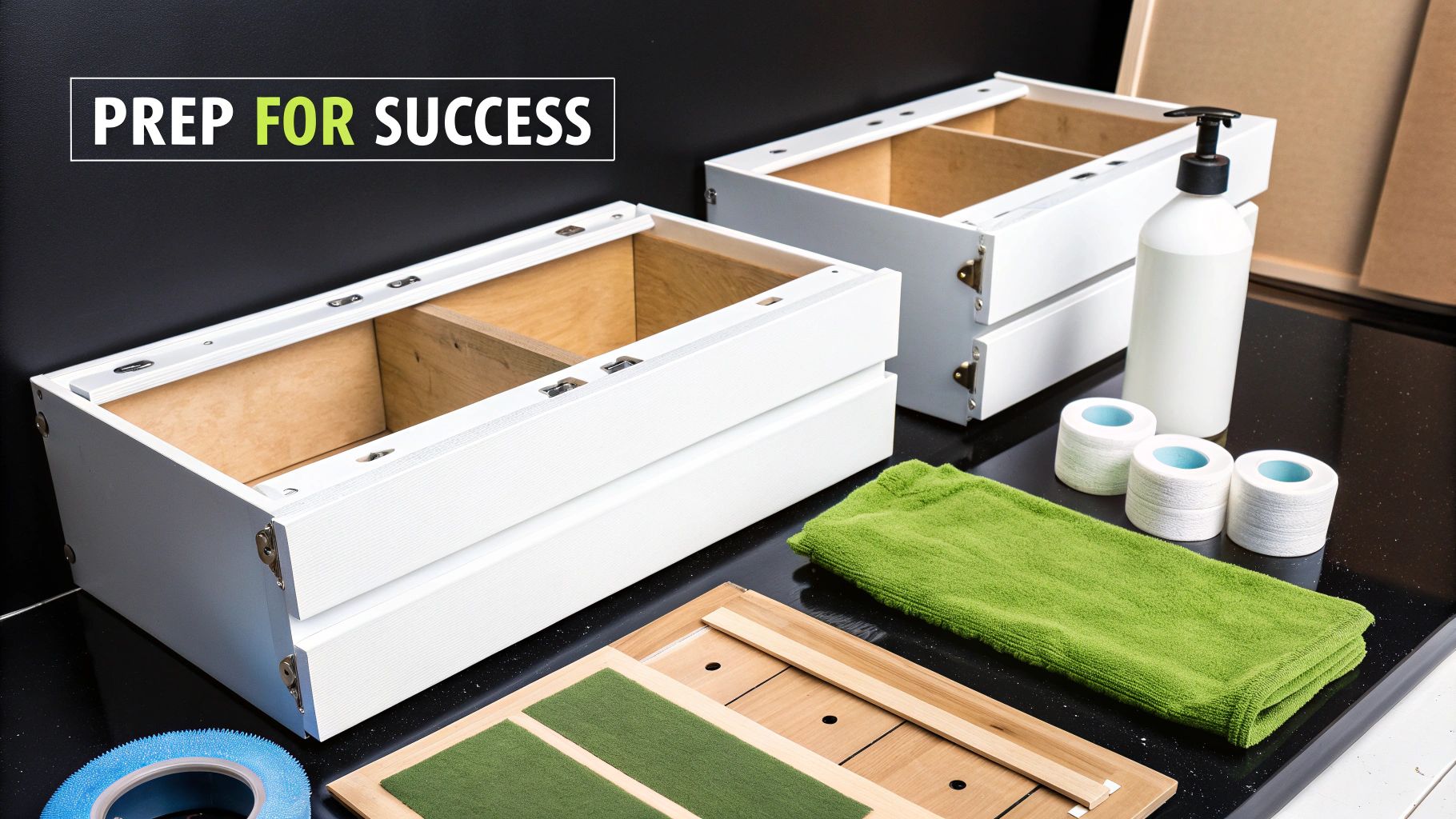 Cabinet components and tools laid out for a home improvement or refinishing project on a dark surface.