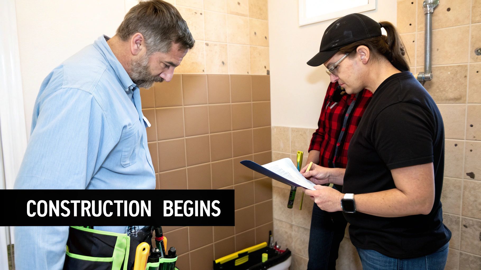 A bathroom in the middle of a remodel, with exposed walls and tools visible.
