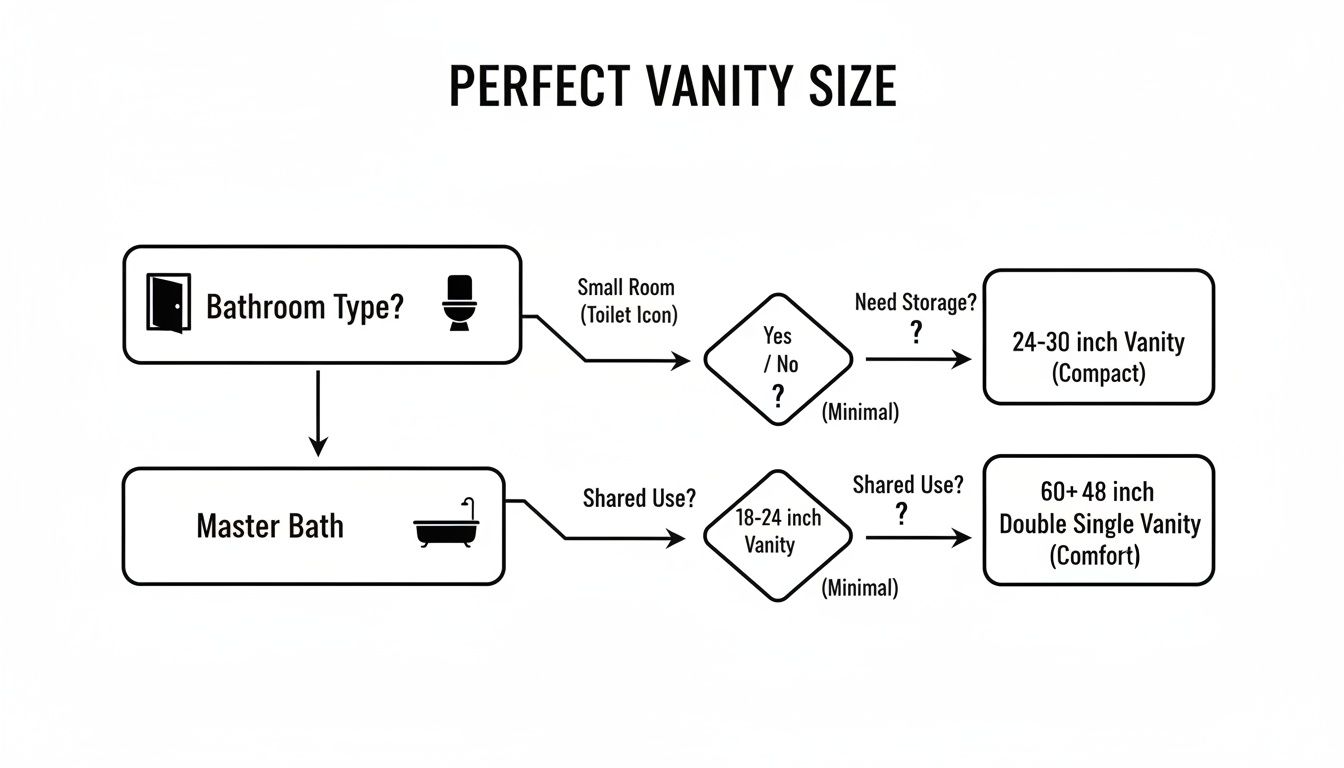 Flowchart guiding vanity size selection based on bathroom type, storage needs, and shared usage.