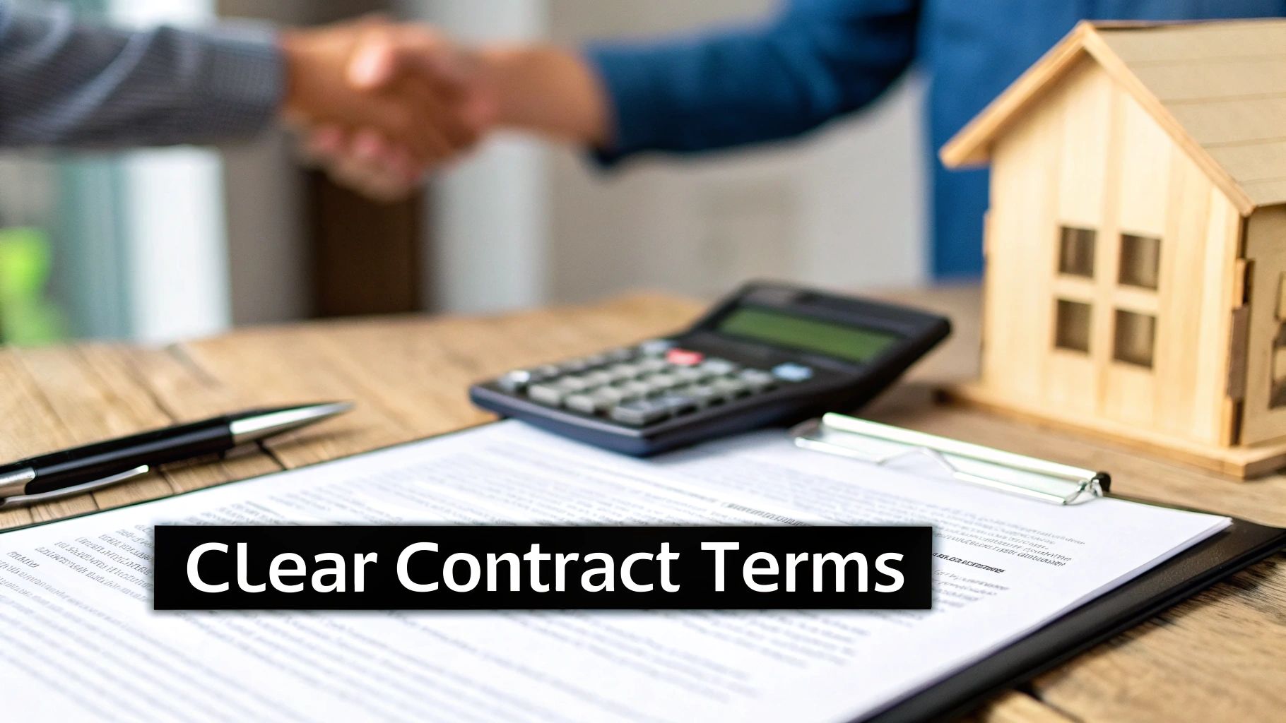 Two people shaking hands over a contract, calculator, and house model, with text 'Clear Contract Terms'.