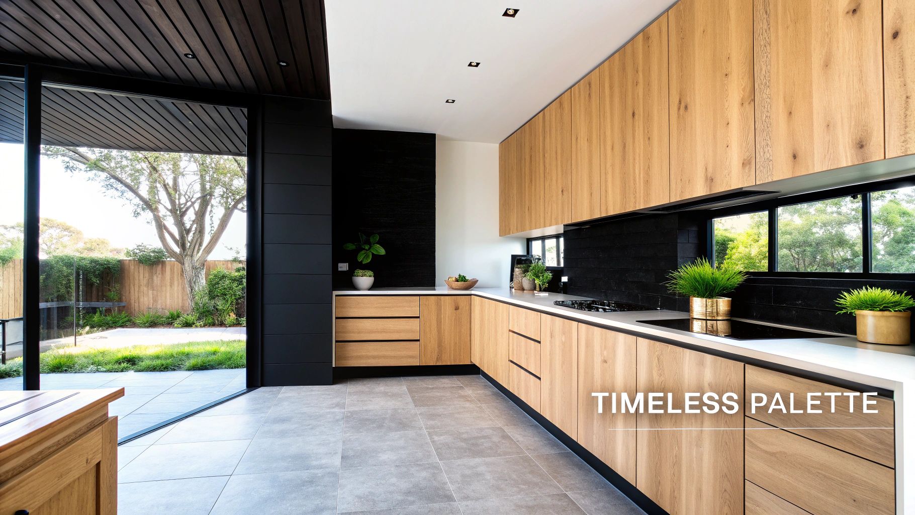 A modern kitchen with natural wood cabinets, black accents, white countertops, and a view of a lush backyard.